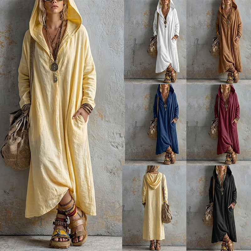 Damen Langes Kapuzenkleid im Boho-Look mit V-Ausschnitt, Eingrifftaschen und lockerem Fall Drune