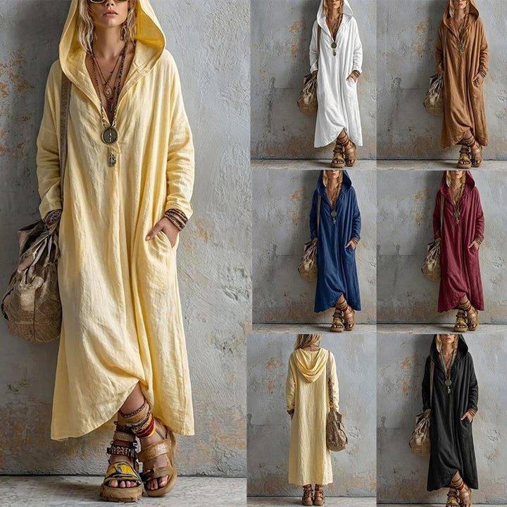 Damen Langes Kapuzenkleid im Boho-Look mit V-Ausschnitt, Eingrifftaschen und lockerem Fall Drune