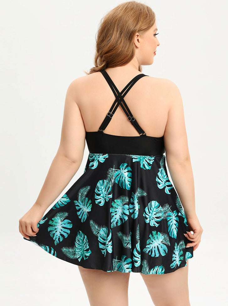 Drune | Plus Size V-Ausschnitt Badeanzugkleid mit Kreuzträgern