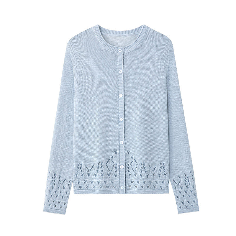 Damen Feiner Feinstrick-Cardigan mit Ajourmuster am Saum und Rundhalsausschnitt Drune