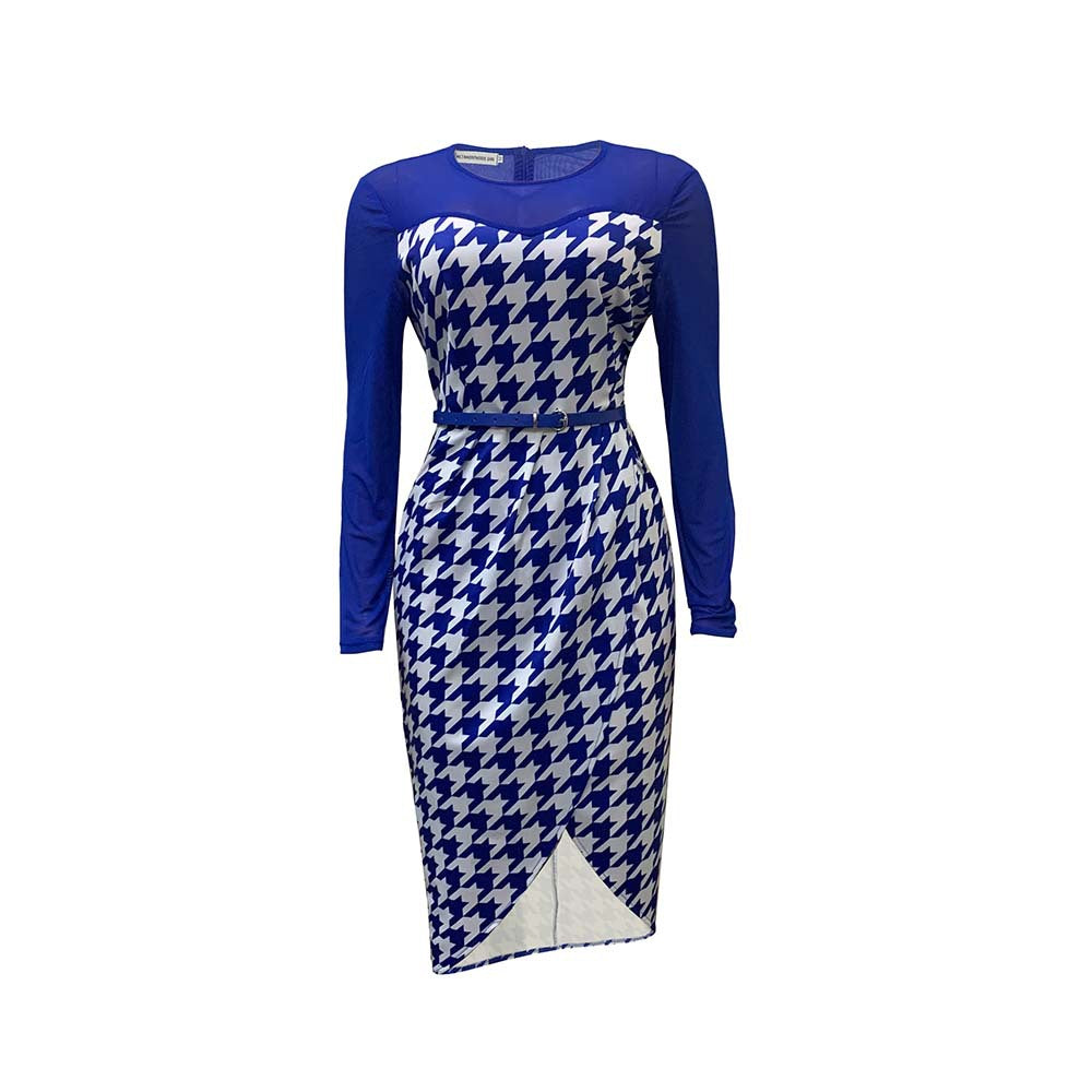 Damen elegantes und figurbetontes Kleid mit Langarm und schickem Hahnentritt-Design Drune