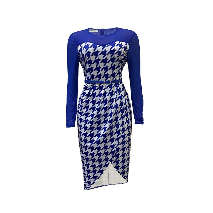 Damen elegantes und figurbetontes Kleid mit Langarm und schickem Hahnentritt-Design Drune