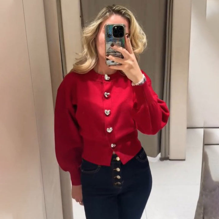 Damen Pullover mit Herzknöpfen und Puffärmeln Drune