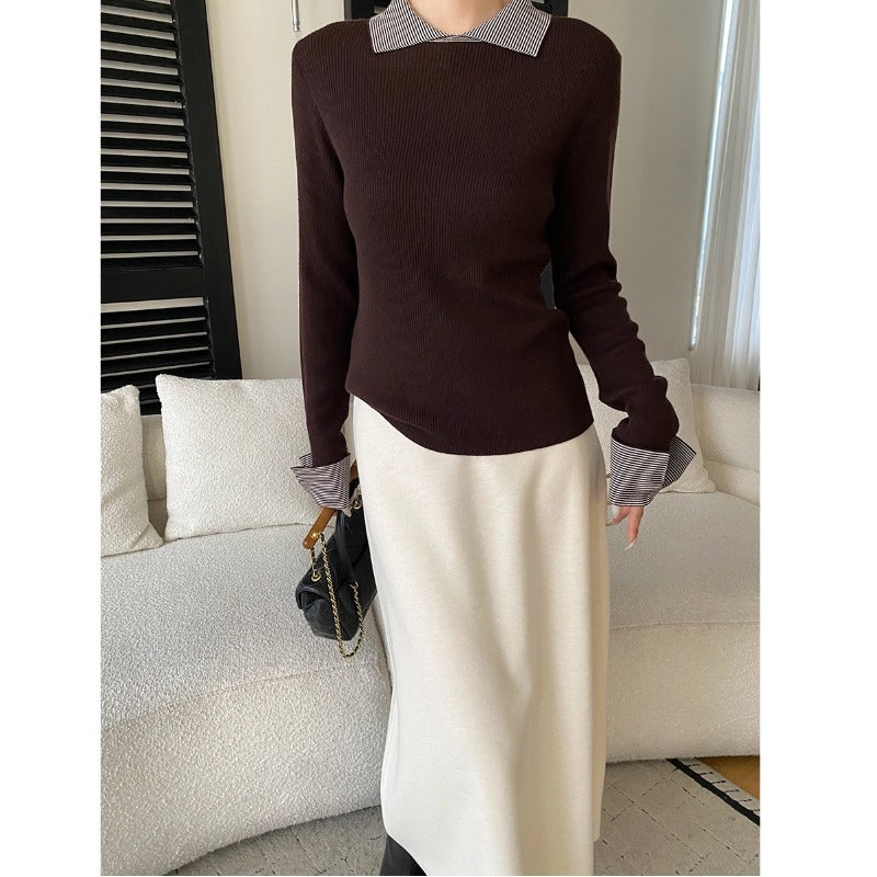 Damen gestreifter Pullover mit klassischem Kragen und eleganter Rippstruktur Drune