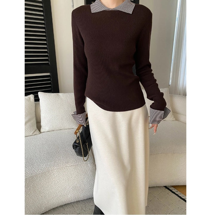 Damen gestreifter Pullover mit klassischem Kragen und eleganter Rippstruktur Drune