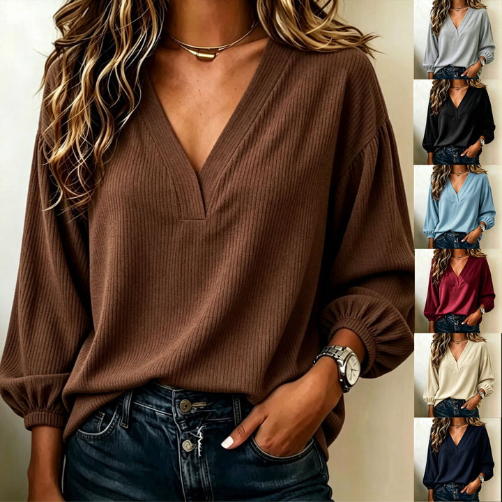 Damen Gerippter V-Ausschnitt Pullover mit Ballonärmeln Drune