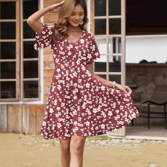 Damen Blumenkleid mit V-Ausschnitt und Röcken Drune