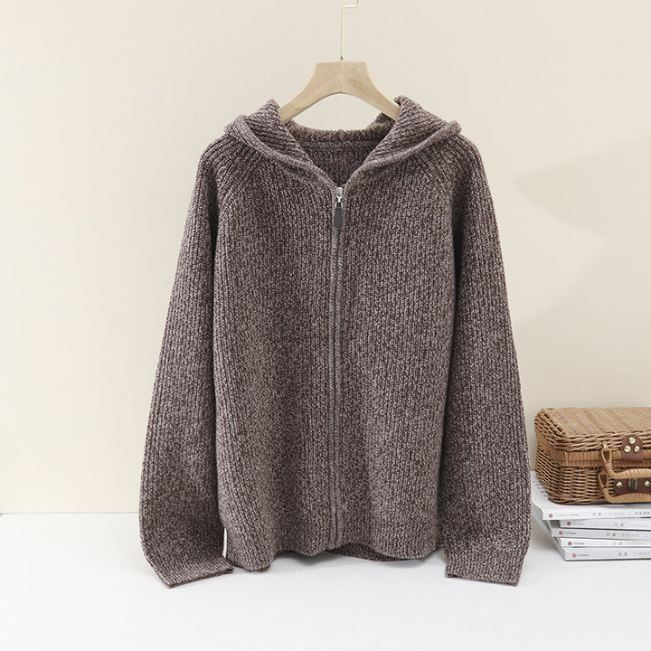 Damen Grobgestrickte Kapuzenjacke mit durchgehendem Reißverschluss und Raglanärmeln Drune