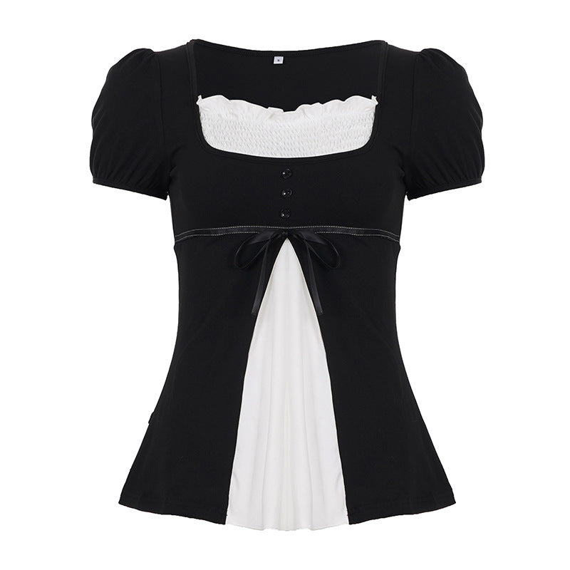 Damen elegantes Oberteil mit Puffärmeln und verspielten Schleifen Drune