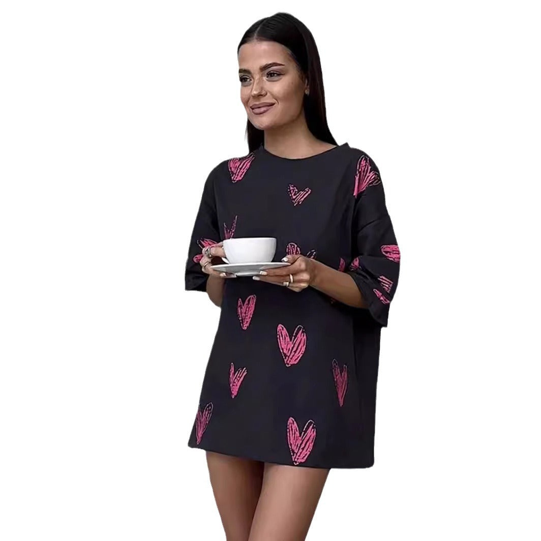 Damen Lässiges T-Shirt mit Herzmotiven und weit geschnittenem Schnitt Drune