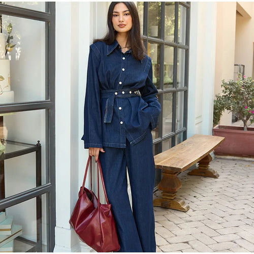 Damen modischer Jeansmantel mit tailliertem Gürtel Drune