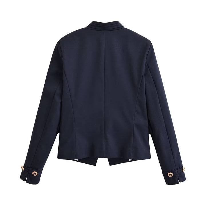 Damen Elegante taillierte Kurzjacke im Marine-Stil mit Stehkragen, Zierknopfleiste und Pattentaschen Drune
