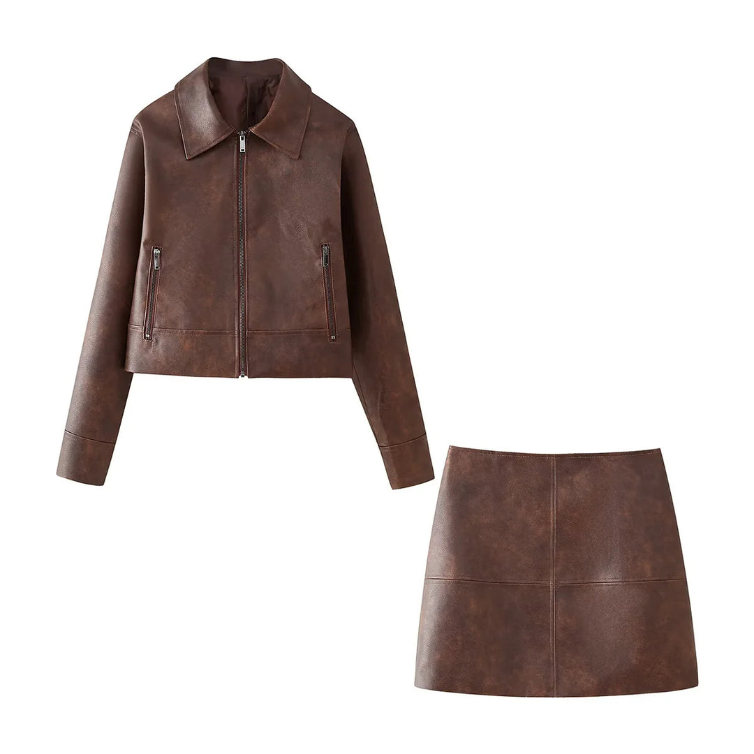 Damen nan kurz geschnittene Lederimitat-Jacke mit Reißverschluss, spitzem Kragen und Reißverschlusstaschen Drune