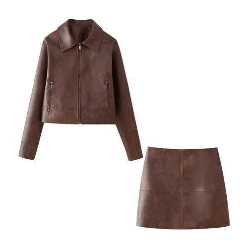 Damen nan kurz geschnittene Lederimitat-Jacke mit Reißverschluss, spitzem Kragen und Reißverschlusstaschen Drune