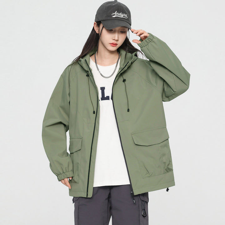 Damen Oversize Windbreaker Jacke mit Kapuze und Cargotaschen Drune