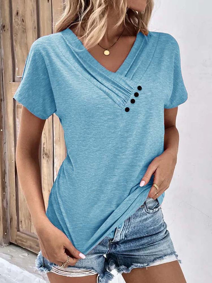 Damen Verspieltes V-Ausschnitt T-Shirt mit raffinierten Knopfdetails Drune
