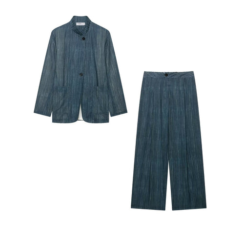 Damen Zweiteiliges Nadelstreifen-Set mit Stehkragen-Blazer und Highwaist-Palazzohose Drune