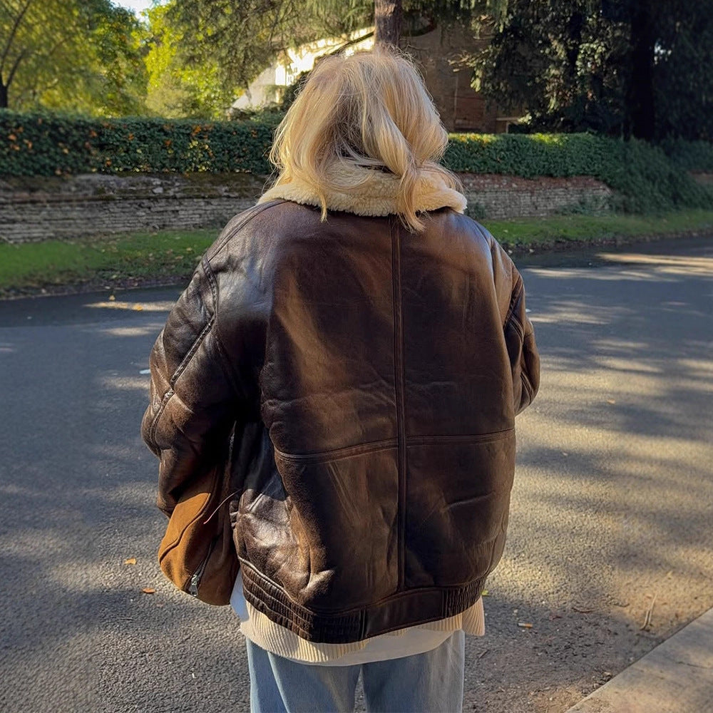 Damen Oversize Fliegerjacke aus Kunstleder mit Teddyfutter und breitem Schnitt Drune