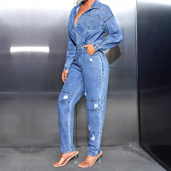 Damen Jeansoverall mit tailliertem Schnitt und modischen Destroyed-Details Drune