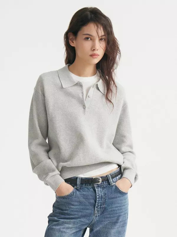 Damen Feinstrick-Polo-Sweater mit Knopfleiste und geripptem Saum Drune