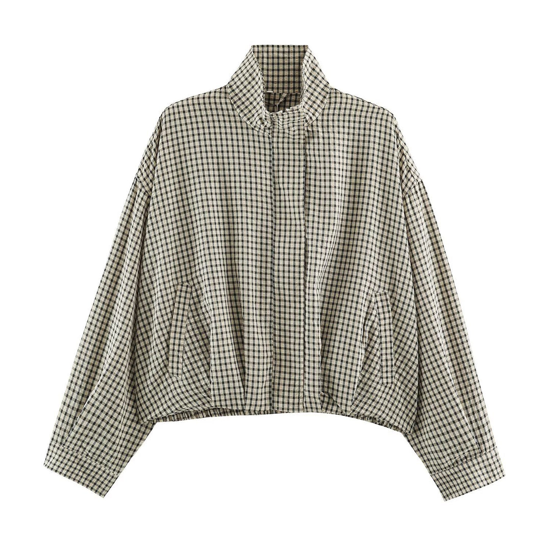 Damen Karo-Übergangsjacke im Oversize-Cropped-Schnitt mit hohem Stehkragen Drune