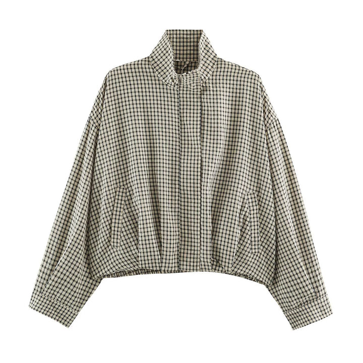 Damen Karo-Übergangsjacke im Oversize-Cropped-Schnitt mit hohem Stehkragen Drune