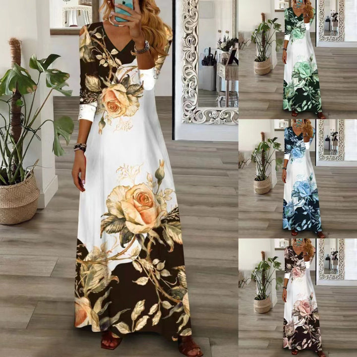 Damen Maxi-Kleid mit V-Ausschnitt, 3/4-Ärmeln und großem Rosendruck Drune