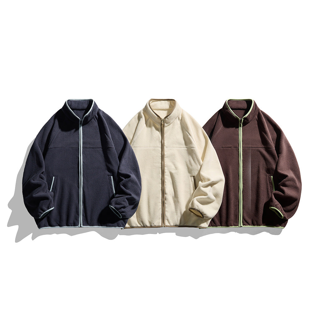 Unisex Oversize Fleecejacke mit Stehkragen, durchgehendem Reißverschluss und Kontrastpaspeln Drune