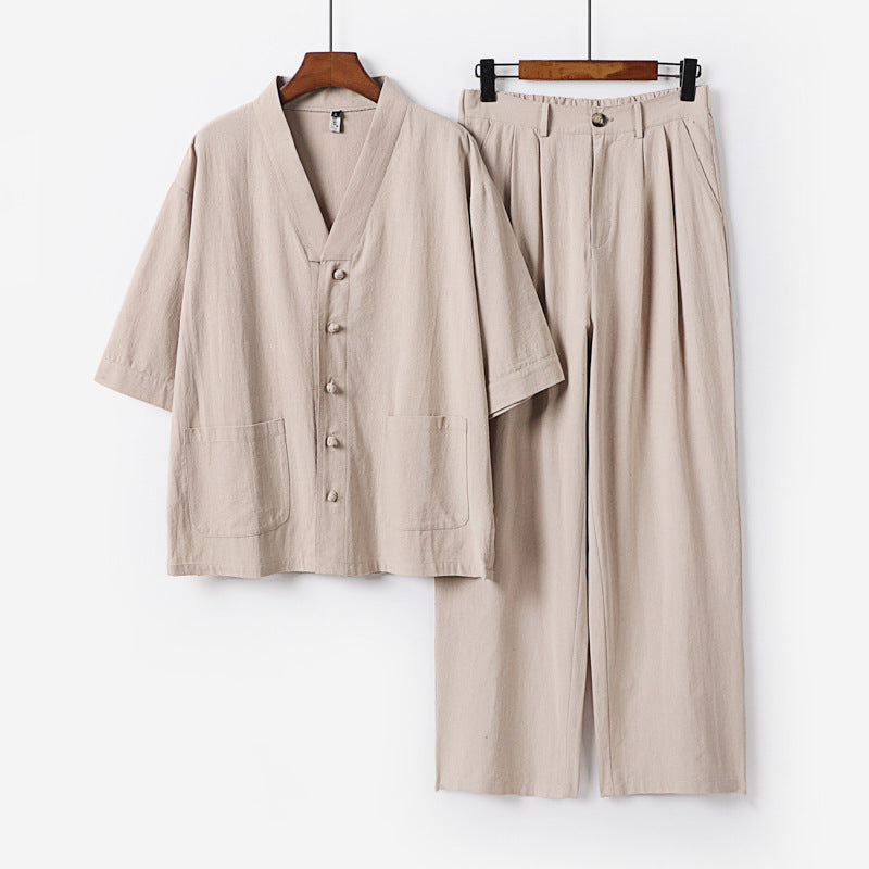 Unisex Zen-inspiriertes Relax-Set mit Kurzarm-Kimono-Oberteil, verdeckter Knopfleiste und elastischer Bundhose Drune