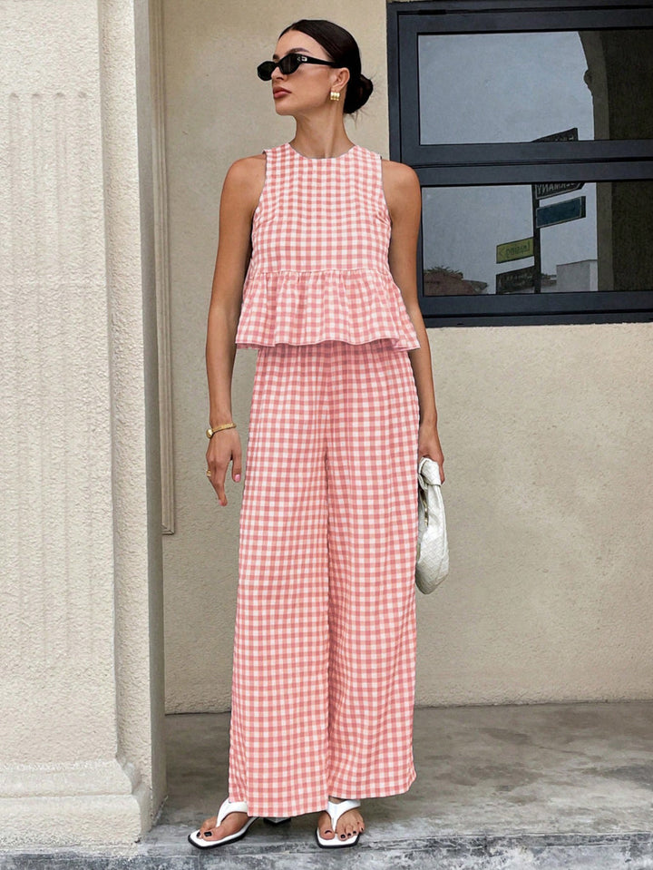 Damen Zweiteiliges Vichy-Karo-Set mit tailliertem Volanttop und weiter Palazzo-Hose Drune