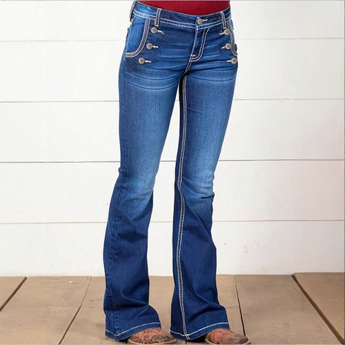 Damen Hochtaillierte Flared-Jeans mit dekorativen Metallknöpfen und Kontraststeppung Drune