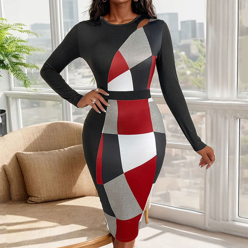 Damen Figurbetontes Midikleid mit grafischem Colorblock-Muster, Cut-Out-Schulter und taillierter Silhouette Drune