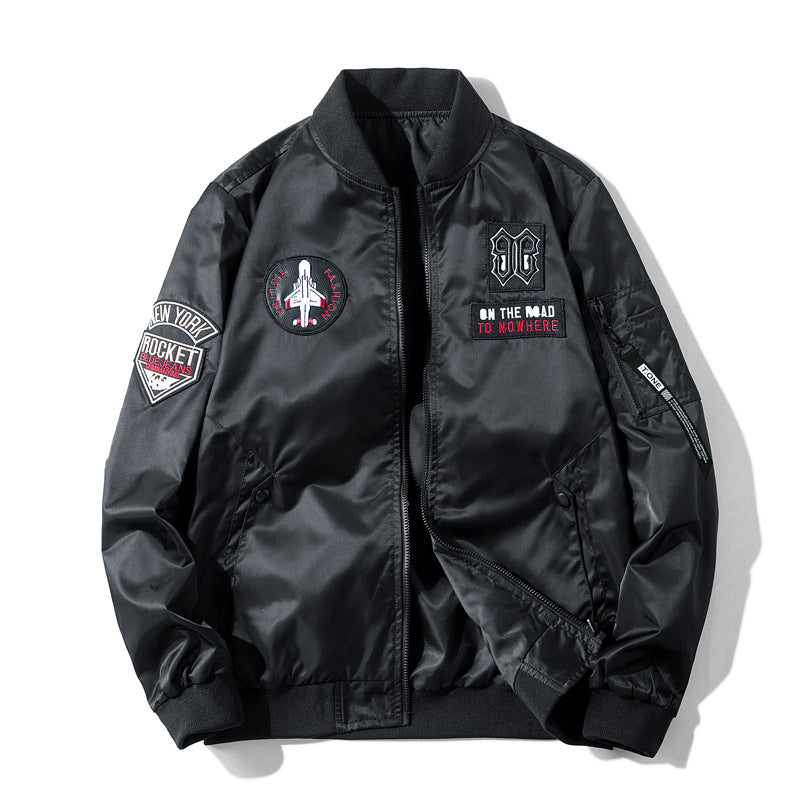 Men's  pilot-style embroidered patch utility bomber jacket with angled welt pockets and zip sleeve pocket Drune