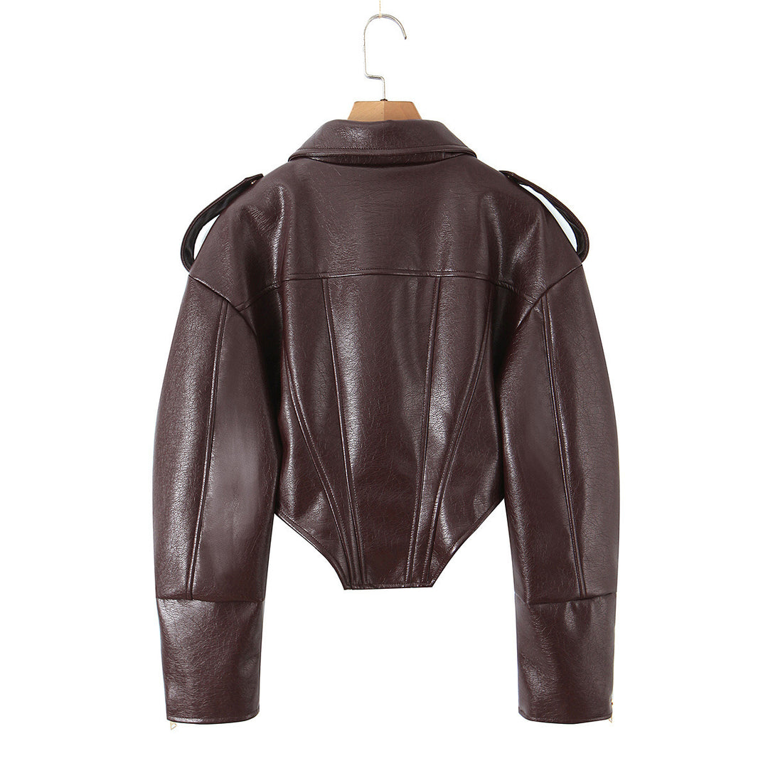 Damen Cropped-Lederjacke mit taillierter Korsett-Optik, Schulterriegeln und Reißverschluss Drune