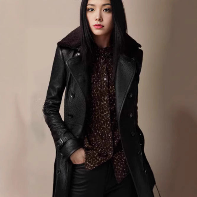 Damen edler Leder-Trenchcoat mit verschließbarem Kragen und raffinierten Details Drune