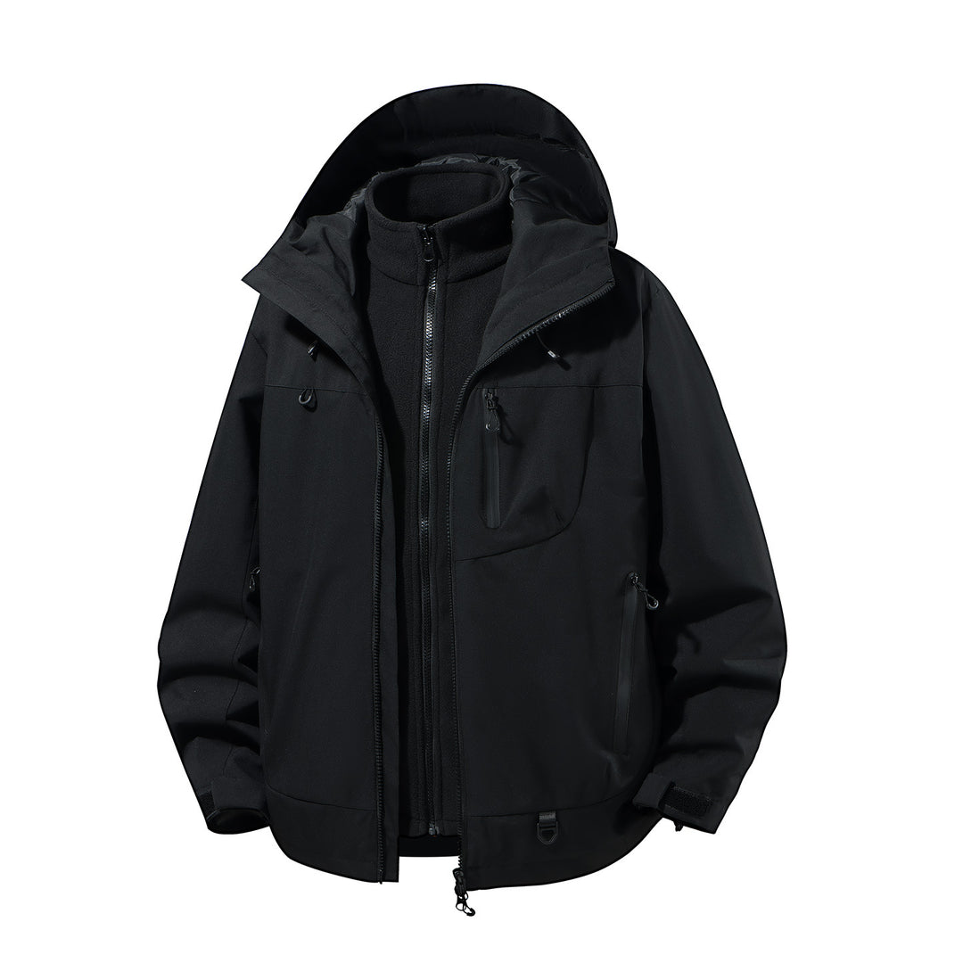 Herren zweiteiliger wasserdichter Softshell-Parka mit herausnehmbarer Fleece-Innenjacke, verstellbarer Kapuze und Multifunktions-Taschen Drune