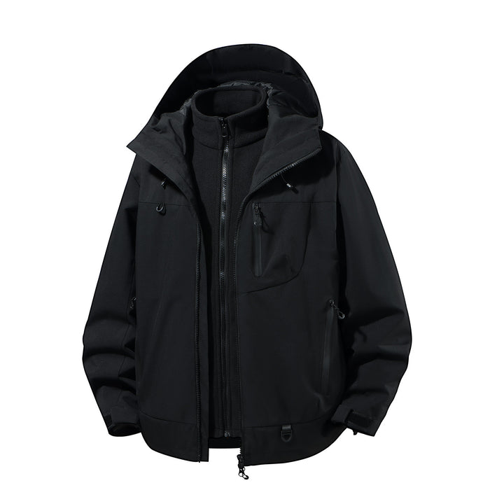 Herren zweiteiliger wasserdichter Softshell-Parka mit herausnehmbarer Fleece-Innenjacke, verstellbarer Kapuze und Multifunktions-Taschen Drune