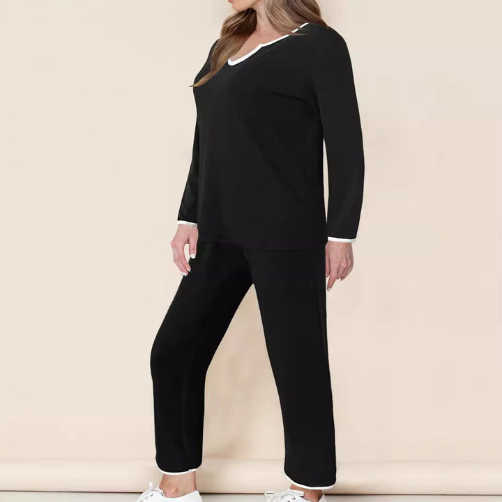 Damen Zweiteiliges Lounge-Set aus weichem Jersey mit V‑Ausschnitt, Langarm-Oberteil und weitem Palazzohosenbein Drune