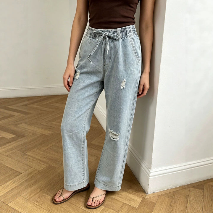 Damen nan weite Denimhose mit elastischem Kordelbund, Used-Effekten und lockerer Passform Drune
