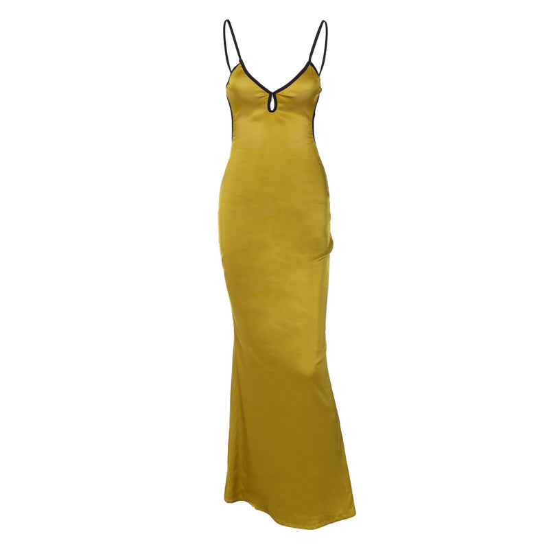 Damen Elegantes Satin-Maxikleid mit verstellbaren Spaghettiträgern und tiefem V-Ausschnitt Drune