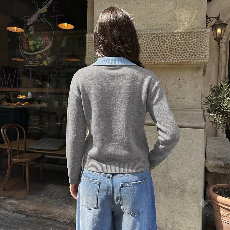 Damen Eleganter V-Ausschnitt Pullover mit Hemdkragen Drune