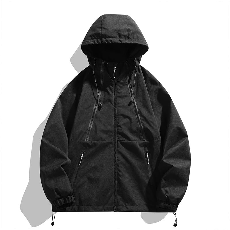 Unisex Leichter Kapuzen-Windbreaker mit wasserabweisender Oberfläche, Reißverschlusstaschen und Kordelzug Drune