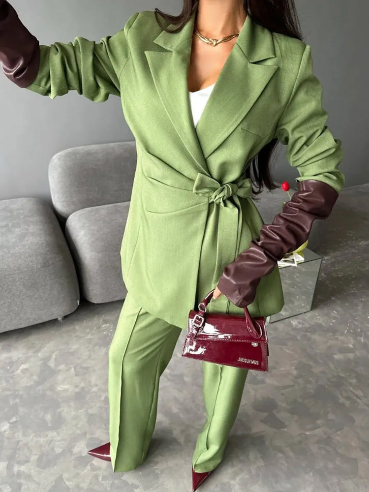 Damen Taillierter Blazer‑Mantel mit Bindegürtel und weiten Anzughosen Drune