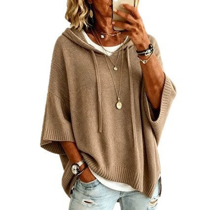 Damen Oversize Strick-Poncho mit Kapuze, Fledermausärmeln und Seitenschlitzen Drune