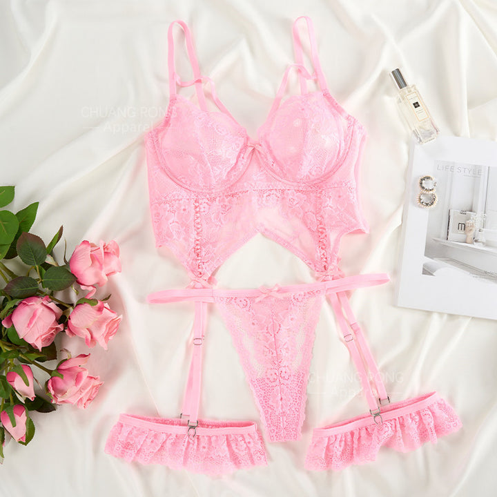 Damen verführerisches Spitzen-Corso-Set mit elastischen Riemen und zarten Details Drune