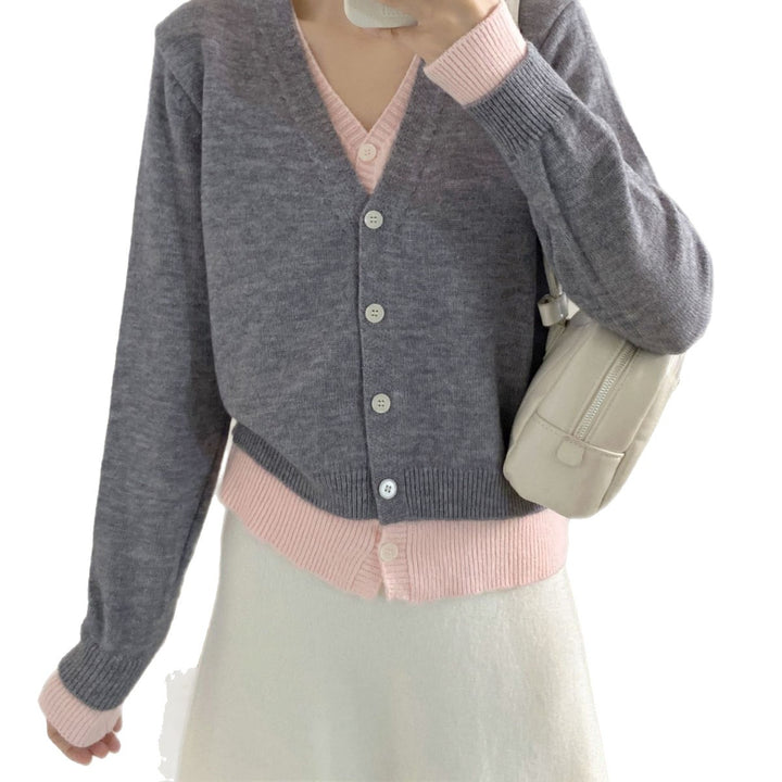 Damen zeitlose Strickjacke mit V-Ausschnitt und kontrastierenden Bündchen Drune