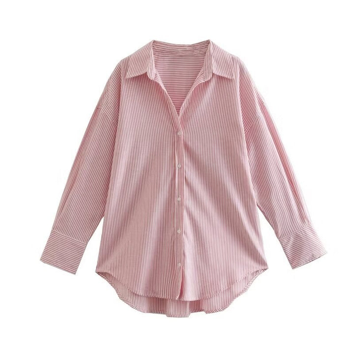 Damen nan oversized Longbluse mit Kentkragen, durchgehender Knopfleiste und abgerundetem Saum Drune