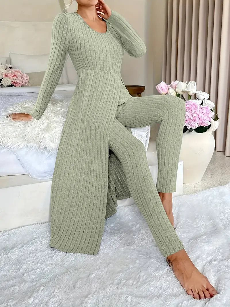 Damen eleganter und modischer Jumpsuit mit seitlichen Schlitzen und langen Ärmeln Drune
