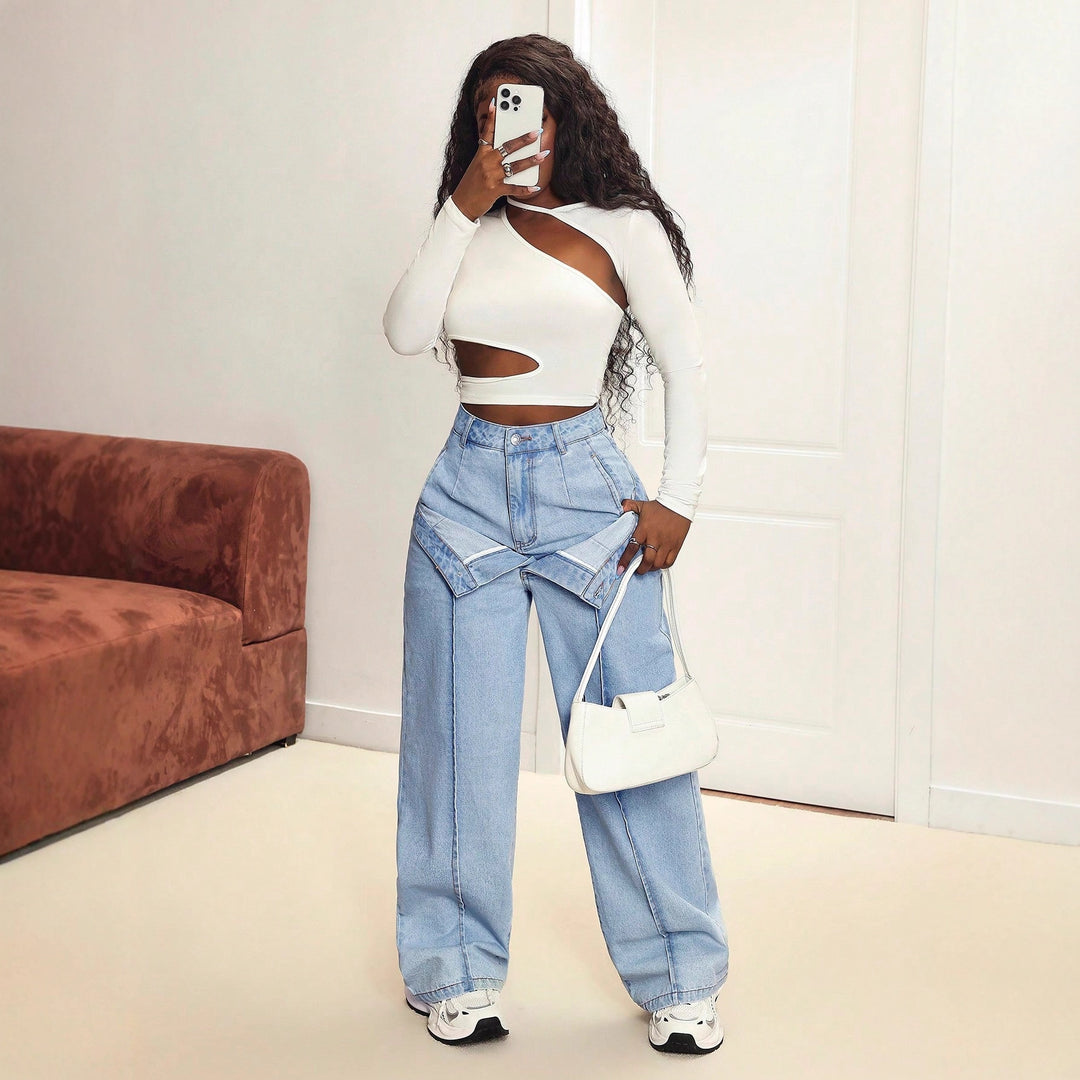 Damen weite Jeans mit innovativem Schnitt und asymmetrischem Design Drune