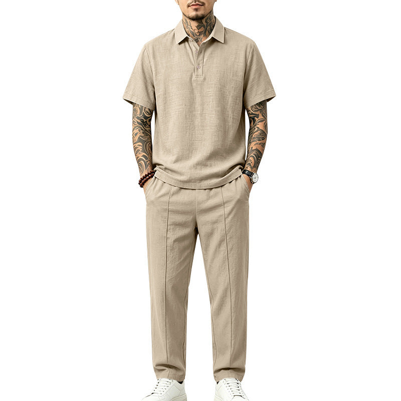 Herren Leichtes Leinenoptik-Loungewear-Set mit Polokragen und Bundfalten Drune